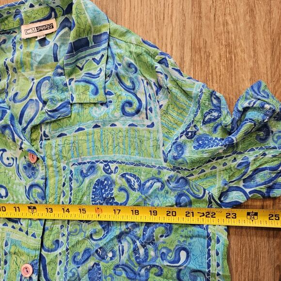 Vtg Geometric Floral Button Up Top Women 1XWP Blue Green Wearable Art Paisley - Picture 7 of 9